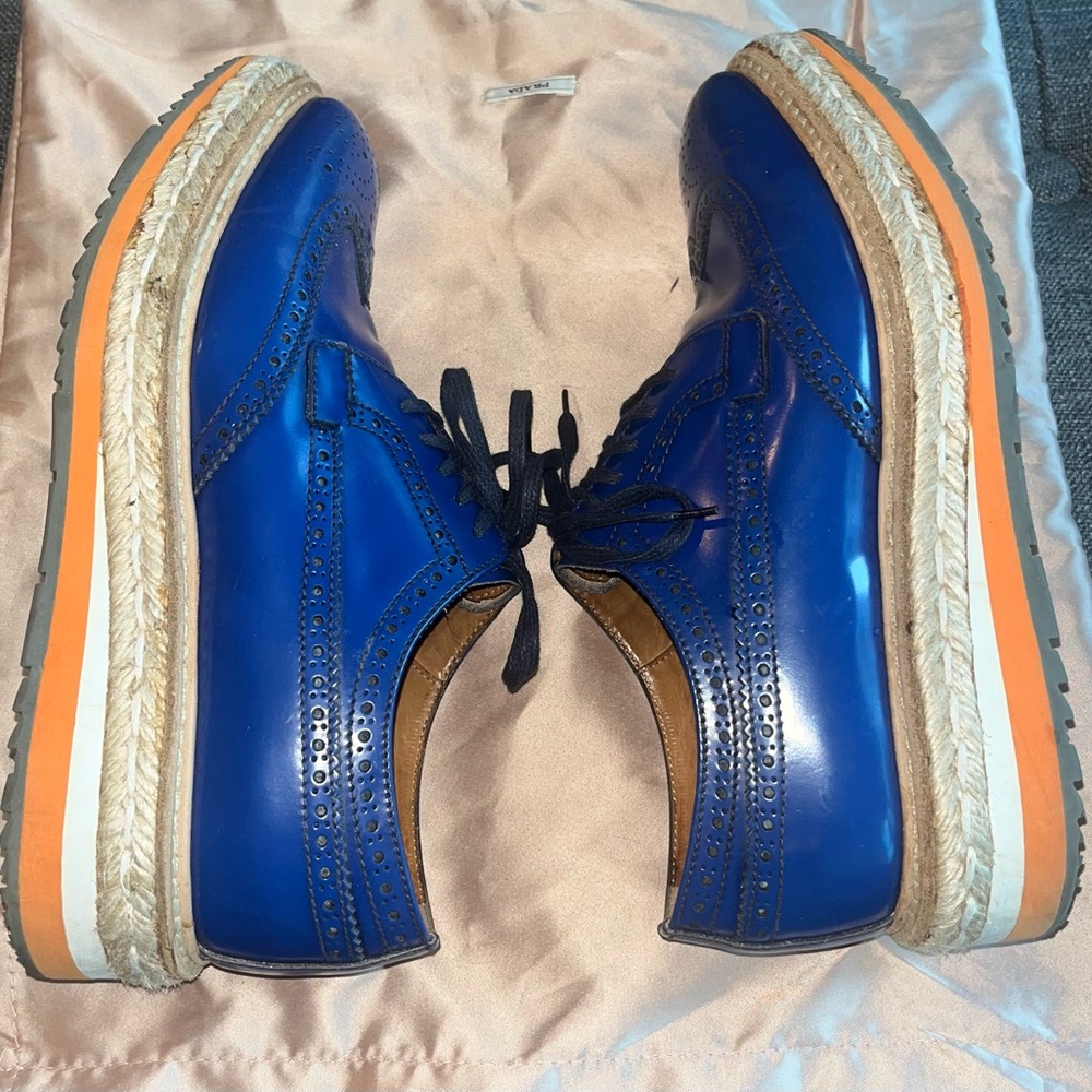 Prada Blue and Orange Brogue Platform Loafers